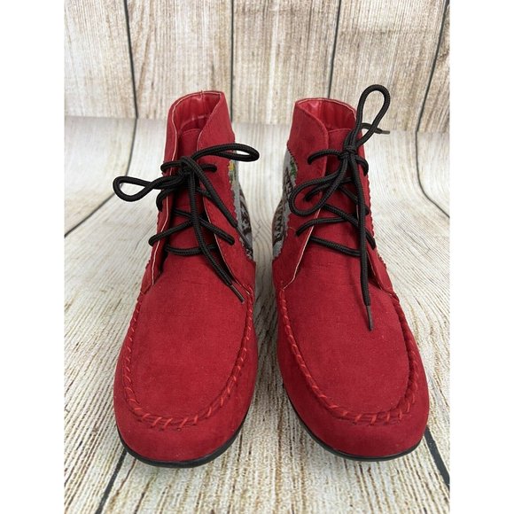 Women Ankle Moccasin Booties Ankle Boots Sz 7W Red Faux Suede Lace Up Boho - Picture 6 of 10